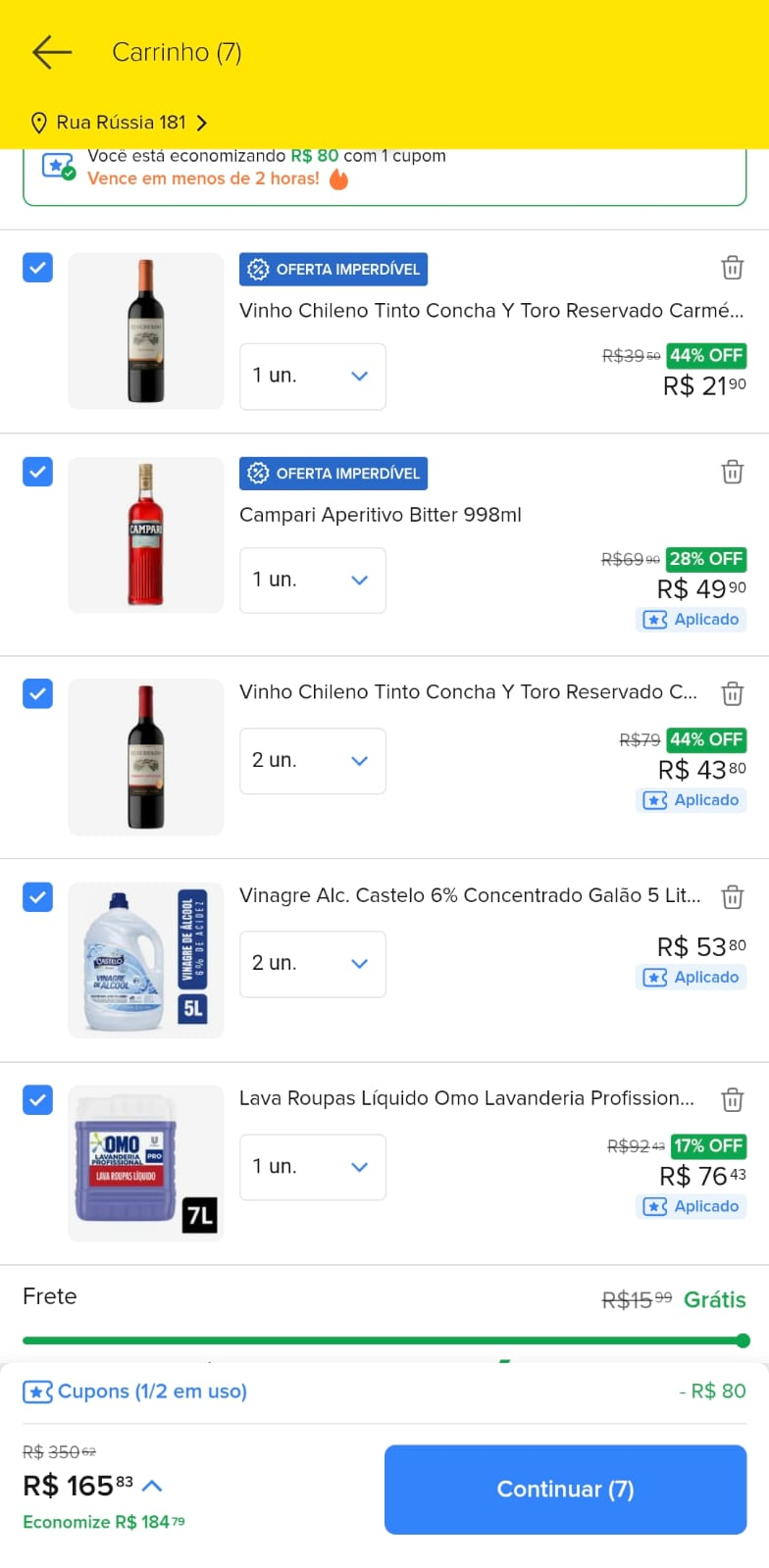 Carrinho de compras de um seguidor com cupom aplicado, economia de R$165,08